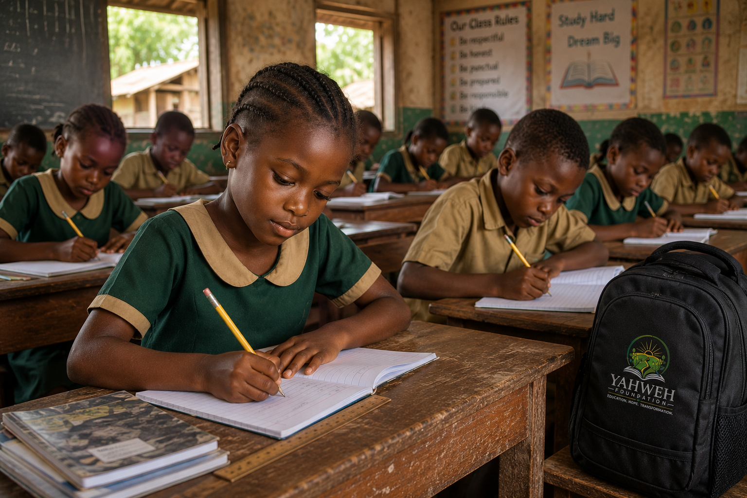 Sierra Leonean primary school students writing in notebooks at wooden desks
