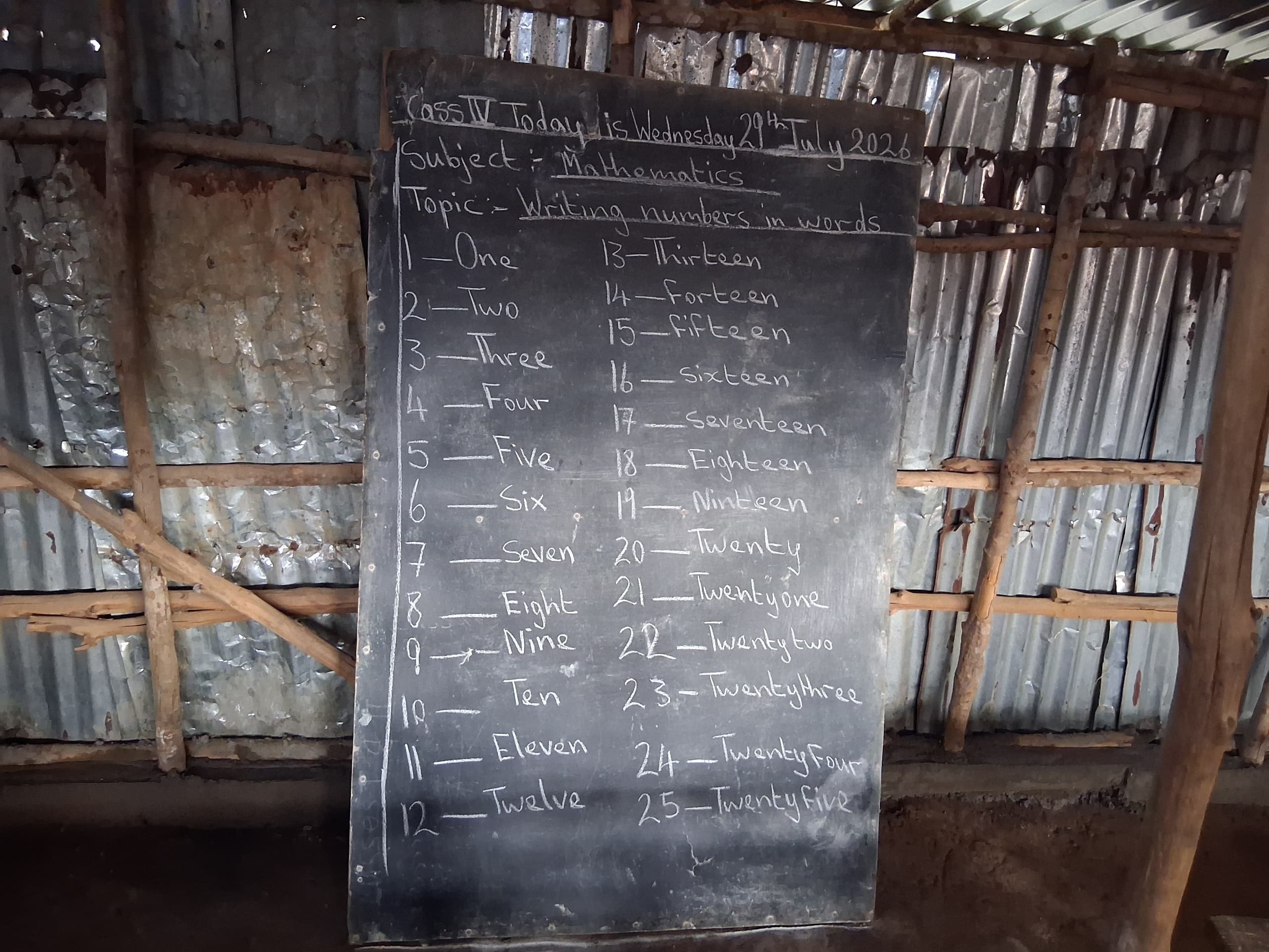 Mathematics chalkboard lesson — Class IV writing numbers in words, dated July 29 2026